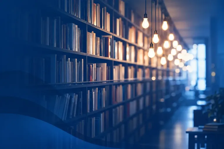 Warmly lit library shelves at Pacific Publishing House
